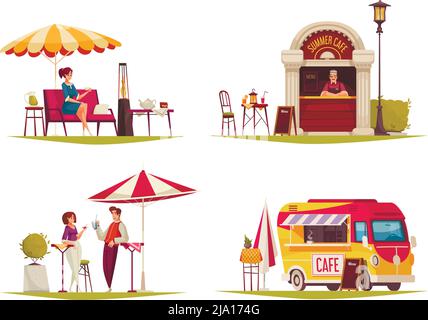 Street café 4 compositions de dessins animés avec restaurant service extérieur parasol boissons rafraîchissantes desserts illustration vecteur de bus Illustration de Vecteur