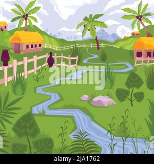 Paysage composition plate avec vue sur le village exotique avec des maisons clôture et ruisseau avec des plantes tropicales illustration vectorielle Illustration de Vecteur