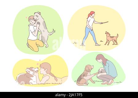 Concept de compagnie et d'amitié des chiens. Ensemble de garçons et filles heureux d'entraînement, d'enseignement, de marche et d'apprécier compagnie de chiens et chiots à l'extérieur en été isolé sur blanc Illustration de Vecteur