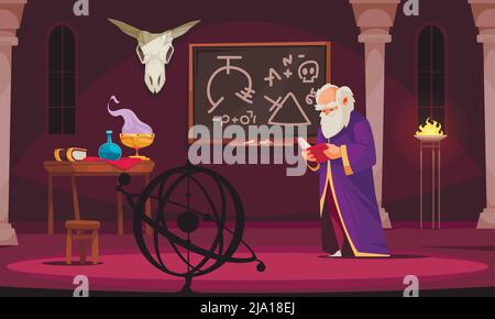 Ancien sorcier lisant le livre d'alchimie dans la chambre avec la table de tête de lit d'animal avec les outils alchimiques dessin animé vecteur illustration Illustration de Vecteur