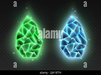 Pierres précieuses brillantes, cristaux bleus et verts, œufs de dragon isolés sur fond noir. Illustration de Vecteur