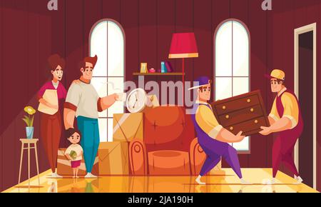 Nouvelle maison pièce dessin animé intérieur composition avec famille regardant la compagnie mobile empaqueteurs portant des meubles effets vecteur illustration Illustration de Vecteur