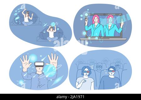 Réalité virtuelle et cyberespace à travers 3D lunettes concept. Les jeunes ont surpris les femmes et les hommes portant des masques et des lunettes spéciaux pour la simulation du cyberespace touchant l'espace dans la réalité numérique futuriste Illustration de Vecteur