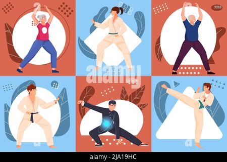 Arts martiaux compositions Flat Set avec des personnes de différents âges dans le sport porter exécutant divers exercices illustration vectorielle Illustration de Vecteur