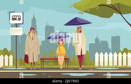 Les personnes portant un pardessus attendant à l'arrêt de bus sous des parasols par temps pluvieux composition plate paysage urbain illustration vectorielle de fond Illustration de Vecteur