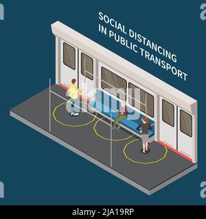 Composition isométrique à distance sociale avec texte modifiable et vue de la cabine du train avec illustration vectorielle des personnages éloignés des passagers Illustration de Vecteur