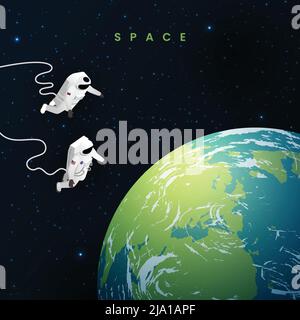 Astronaute cosmonaute taikonaut composition isométrique deux astronautes sont en apesanteur dans l'espace et la terre est à côté d'eux illustration vectorielle Illustration de Vecteur