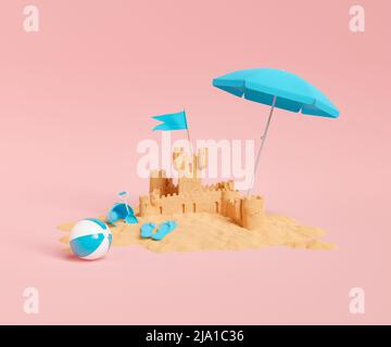 château de sable avec parasol et jouets de plage autour sur fond rouge studio. 3d rendu Banque D'Images