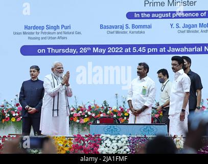 Chennain, Inde, 26th mai 2022: Premier ministre de l'Inde Narendra Modi lors de la pose de la fondation et de l'inauguration des projets d'infrastructure à l'échelon de 31580/- sur les chemins de fer, les routes nationales, les pipelines pétroliers et les projets de logement, à Chennai jeudi. Seshadri SUKUMAR Banque D'Images