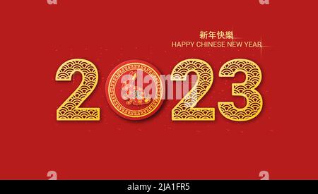 Nouvel an chinois 2023 année de la fleur rouge et or de lapin et éléments asiatiques. Traduction - nouvel an chinois 2023, année du lapin. Illustration de Vecteur