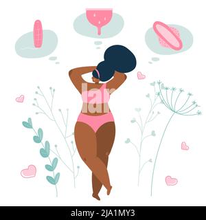 Corps positif jeunes filles ou femme qui ont le choix des électrodes hygiéniques, des coupes menstruelles et du tampon. Illustrations vectorielles cycle menstruel, PMS et Illustration de Vecteur