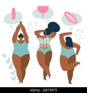 Corps positif jeunes filles choix des coussinets d'appareil hygiénique, coupe menstruelle et tampon. Illustrations vectorielles le cycle menstruel, le PMS et le sang sont NORMAUX Illustration de Vecteur