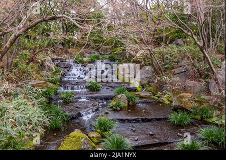 Himeji, Japon - 6 janvier 2020. Vue extérieure d'un jardin japonais près du château Himeji. Le château Himeji dans l'un des derniers châteaux authentiques au Japon et une attraction touristique populaire. Banque D'Images