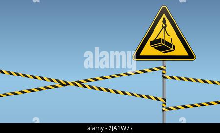 Attention - risque de chute de la hauteur de la charge. Signe de sécurité. Signe triangulaire sur poteau métallique avec bandes d'avertissement. Arrière-plan clair. Illustration vectorielle Illustration de Vecteur