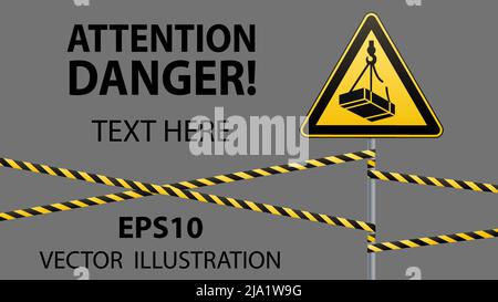 Attention - risque de chute de la hauteur de la charge. Signe de sécurité. Signe triangulaire sur poteau métallique avec bandes d'avertissement. Arrière-plan clair. Illustration vectorielle Illustration de Vecteur
