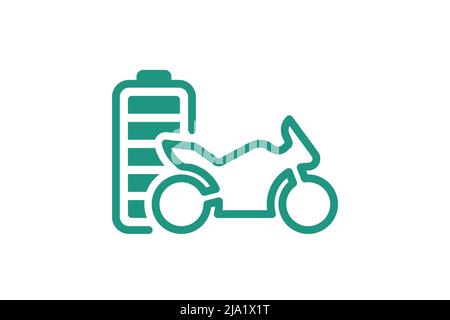 Vélo de sport électrique indicateur d'énergie de la batterie entièrement chargée icône linéaire verte. Symbole du chargeur de l'accumulateur de la moto pour le transport électrique. Moto à charge électrique. Recharge de véhicule écologique Illustration de Vecteur
