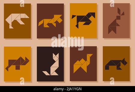 Ensemble d'affiches de tangram avec différents animaux Illustration de Vecteur