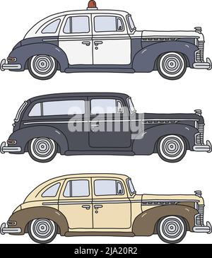 Le dessin à la main vectorisé de trois grandes voitures rétro américaines Illustration de Vecteur