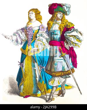 Muenchener Bilderbogen, costumes, France, début du 17th siècle, noble français en costume traditionnel de cour, élégant, robe, épée, chapeau, portrait Banque D'Images