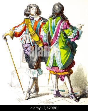 Muenchener Bilderbogen, costumes, France, début du 17th siècle, cavaliers français, élégant, costume traditionnel, portrait, coloré historique Banque D'Images