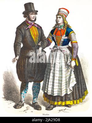 Muenchener Bilderbogen, Kostueme, Insel Marken, pays-Bas, 19. Jahrhundert, Mann, Frau, Tracht, Portraet, illustration de l'historique 1890 Banque D'Images