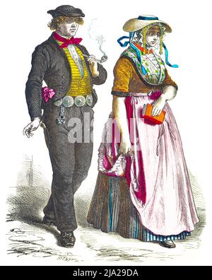 Muenchener Bilderbogen, Kostueme, Hollande, 19. Jahrhundert, Tracht, zwei Personen, junger Mann, Pfeife, Rauchen, Frau, Buch, Portraet, historische Banque D'Images