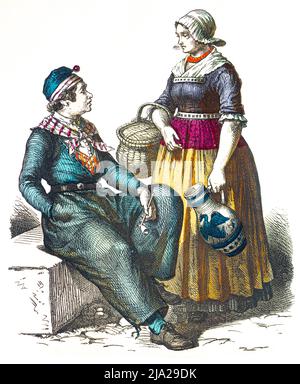 Muenchener Bilderbogen, Kostueme, Hollande, 19. Jahrhundert, Tracht, junger Mann, Frau, Krug, Korb, Pfeife, zwei Personen, Portraet, historische Banque D'Images