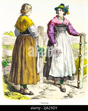 Muenchener Bilderbogen, Kostueme, Miesbach, Bayern, 19. Jahrhundert, Tracht, Hut, Zopf, Schmuck, Holzgatter, zwei Frauen, Portraet, historische Banque D'Images