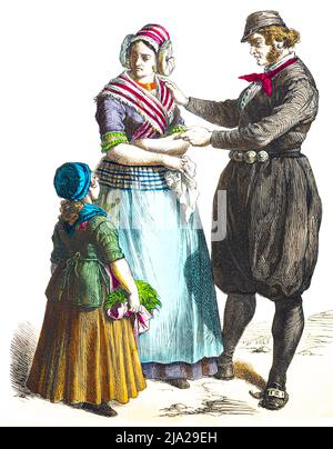 Muenchener Bilderbogen, Kostueme, Hollande, 19. Jahrhundert, Tracht, Mann, Frau, Kind, drei Personen, Portraet, historiche Illustration 1890 Banque D'Images