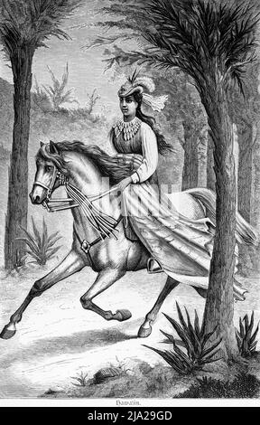 Jeune femme, native, chapeau, cheveux longs, cheval, équitation, bride, forêt, paysage, illustration historique 1881, Hawaï Banque D'Images