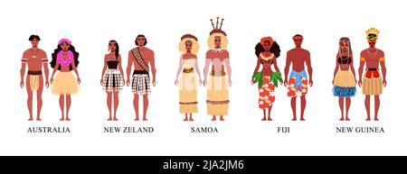 Les gens des pays d'océanie portant des vêtements nationaux plates icônes ensemble isolé sur fond blanc illustration vectorielle Illustration de Vecteur