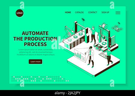 Site web isométrique de processus de production industriel intelligent avec fabrication robotique contrôlée par ordinateur fond lumineux illustration vectorielle de la page d'arrivée Illustration de Vecteur