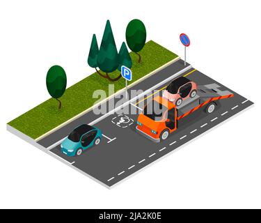 La composition isométrique de couleur de stationnement avec un chariot de remorquage permet de retirer une illustration vectorielle de voiture mal garée Illustration de Vecteur