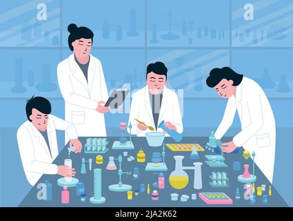 Développement médical à la table des produits pharmaceutiques sur un fond bleu illustration de vecteur plat Illustration de Vecteur