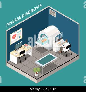 Vue isométrique de laboratoire de diagnostic vétérinaire avec chat subissant un assistant de test d'IRM derrière l'illustration vecteur d'ordinateur Illustration de Vecteur