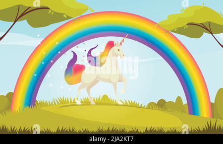 Créatures mystiques dessin animé plat composition de licorne blanche avec queue et manie colorées sous l'illustration de vecteur arc-en-ciel Illustration de Vecteur