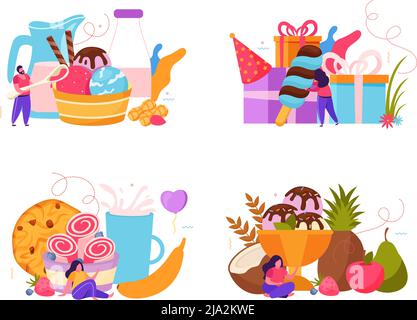 Ensemble de quatre compositions plates avec bar à crème glacée ramasse des boîtes-cadeaux de boissons aux fruits et autres cadeaux de vacances illustration vectorielle isolée Illustration de Vecteur