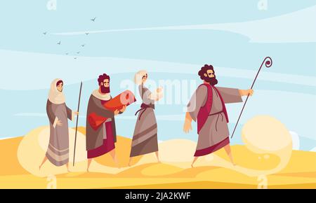 La Bible narratifs composition avec le paysage du désert et le caractère de moïse dirigeant les gens le chemin à travers l'illustration du vecteur de sable Illustration de Vecteur