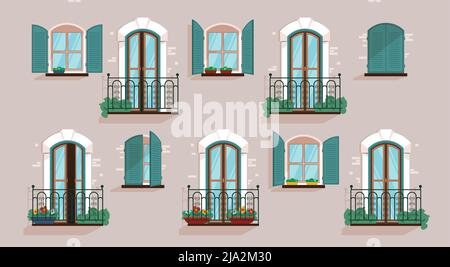 Fenêtres vitrées et balcons sur la façade grise de la maison illustration vectorielle plate Illustration de Vecteur