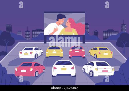 Les gens s'assoient en voiture et regardent des films dans une illustration vectorielle plate en plein air Illustration de Vecteur