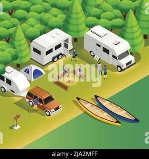 Kayak excursions canoë camping composition isométrique avec tente véhicule tout-terrain campeur touristes camper bateaux sur le bord de la rivière illustration vectorielle Illustration de Vecteur