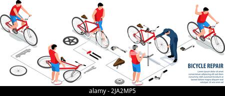 Réparation de vélo infographiques isométriques avec cycliste mâle à vélo et mécanicien ravivé véhicule cassé après l'illustration du vecteur de collision Illustration de Vecteur