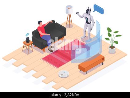 Personnes utilisant des interfaces composition isométrique homme à la maison assis sur le canapé regardant l'écran de projection communiquant avec le robot et l'assistance vocale Illustration de Vecteur