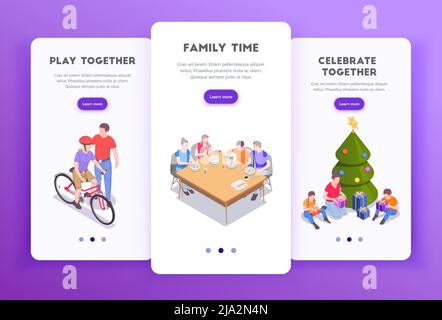 Série isométrique de fêtes de famille de trois bannières verticales avec page boutons de commutation texte modifiable et illustration vectorielle des images Illustration de Vecteur