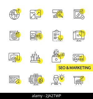 Stratégies et outils de référencement et de marketing. Ensemble d'icônes de dessin au trait de trait, pixel Perfect et modifiables Illustration de Vecteur