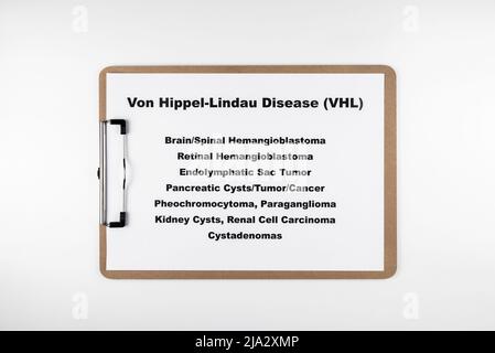 Von Hippel-Lindau diagnostic de la maladie avec liste des symptômes sur le presse-papiers Banque D'Images