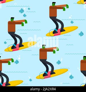 Motif de surfeur zombie sans coutures. Fond de l'homme mort et de la planche de surf. Texture monstre et surf Illustration de Vecteur