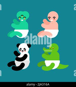 petit bébé homme et animal. Enfant humain et extraterrestre. Panda et crocodile enfant Illustration de Vecteur