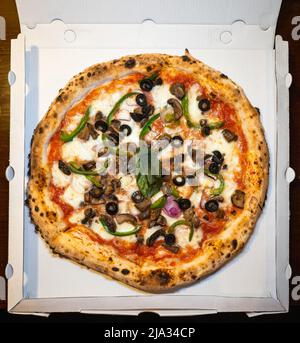 Une pizza napolitaine végétarienne recouverte de champignons, d'olives noires, de poivrons verts, d'oignons, de mozzarella dans une boîte à pizza blanche. Banque D'Images