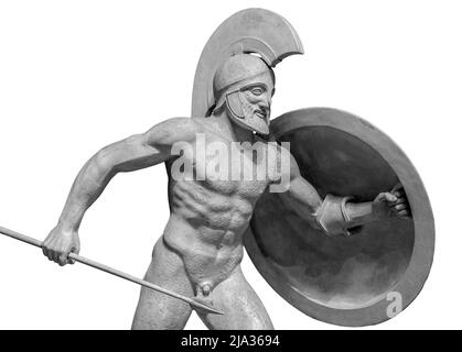 Statue de guerrier en casque isolée sur fond blanc. Banque D'Images